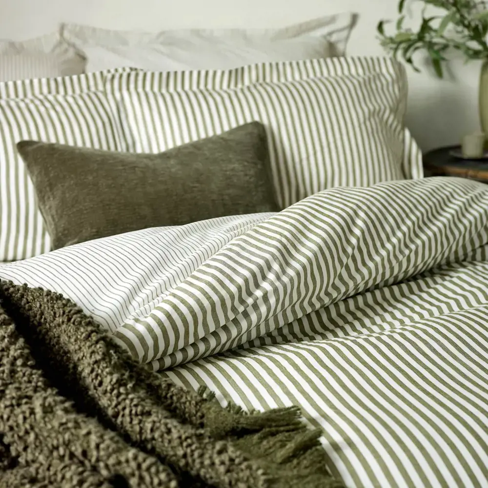 Yard Hebden Melange Olive Green Stripe Duvet Cover Set
